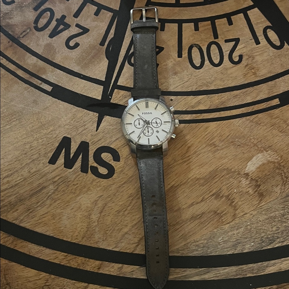 Fossil Silver Dial Watch with Black Leather Strap